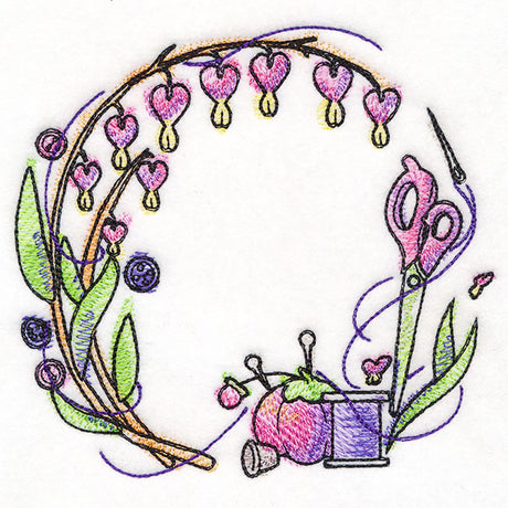 Sewing Notions and Bleeding Heart Flowers Wreath