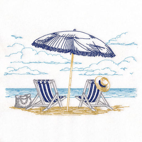 Umbrella and Chairs Beach Scene Etching