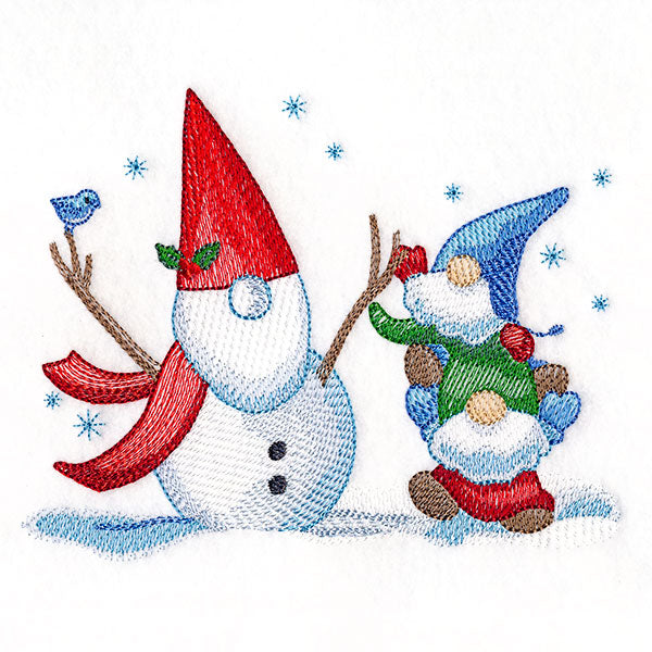 Snowman Building at Christmas Gnomes