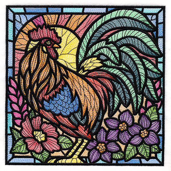 Sunrise Rooster Stained Glass Square