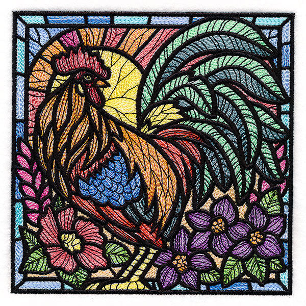 Sunrise Rooster Stained Glass Square
