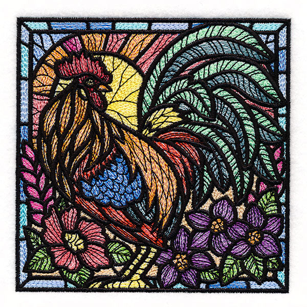 Sunrise Rooster Stained Glass Square