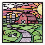 Sweet Countryside  Stained Glass Scene - Barn Sunset