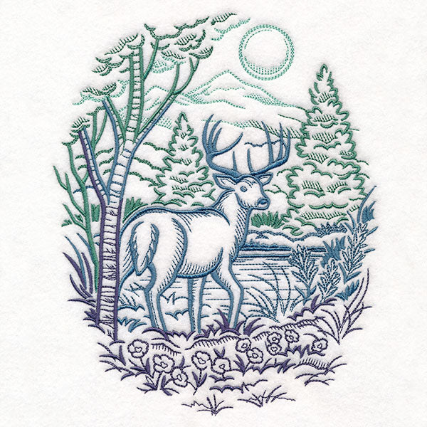 Woodland Deer Scene Etching