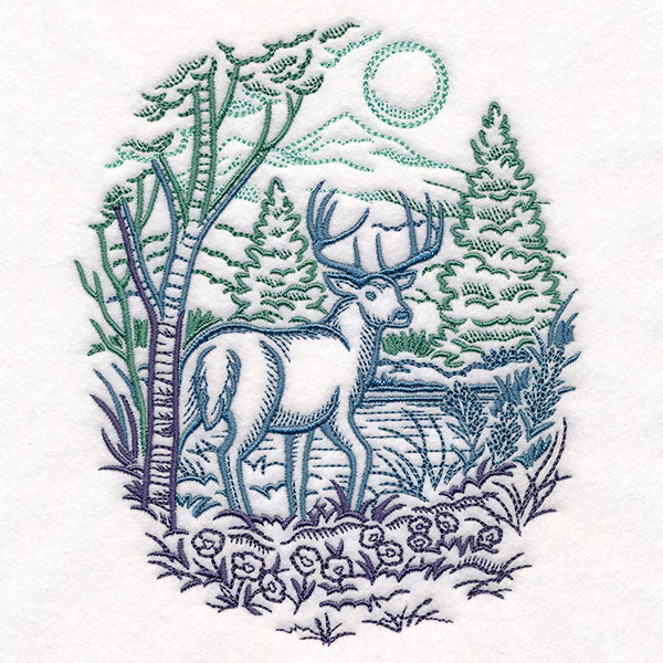 Woodland Deer Scene Etching