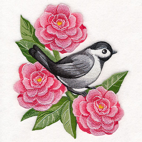Resting Chickadee in Peonies