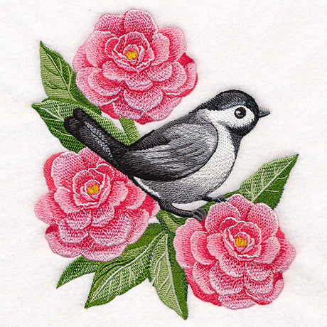 Resting Chickadee in Peonies