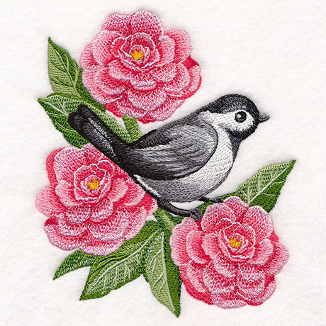 Resting Chickadee in Peonies