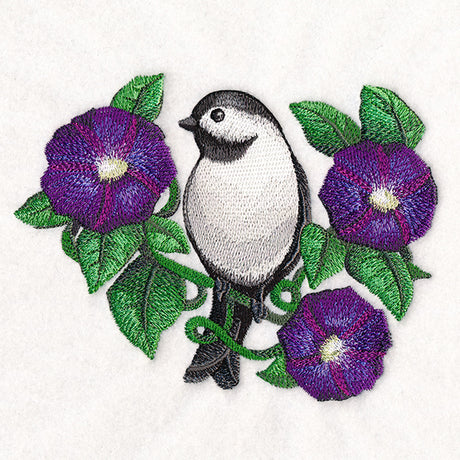 Lively Chickadee in Morning Glories