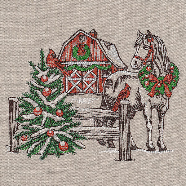 Christmas Horse and Barn Etching