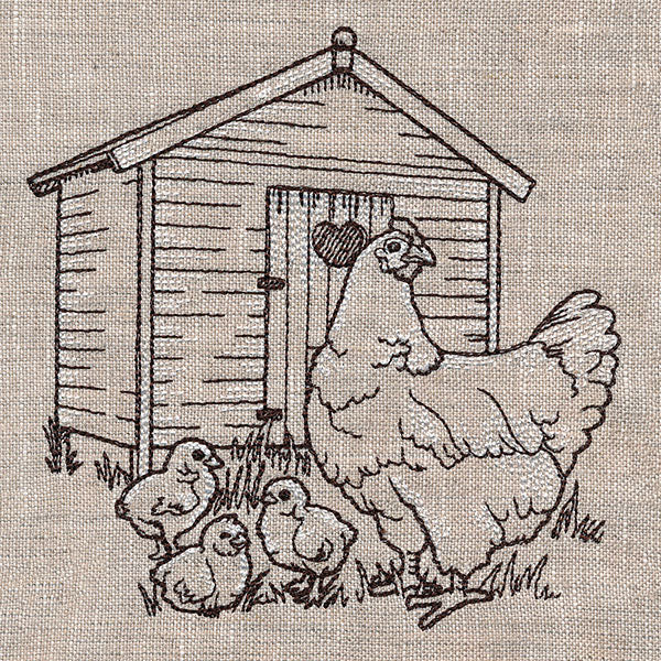 Hen and Chicks at the Chicken Coop Etching