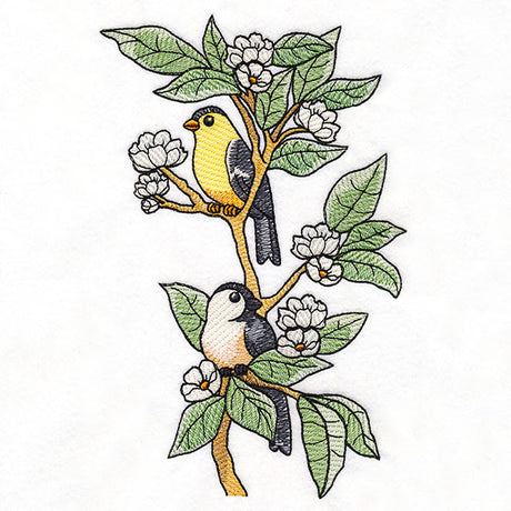Goldfinch & Chickadee Birds on Flowering Branch
