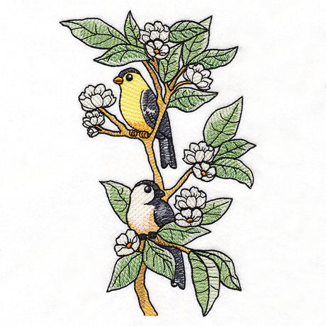 Goldfinch & Chickadee Birds on Flowering Branch