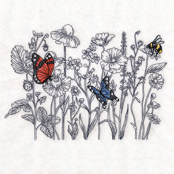 Wildflower Etching with Butterflies & Bee