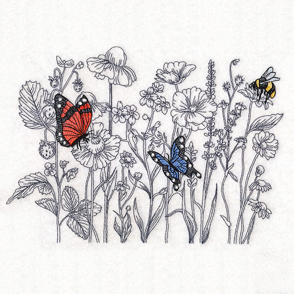 Wildflower Etching with Butterflies & Bee