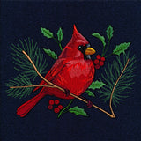 Digitally downloadable machine embroidery design of a red cardinal perched on a branch with berries and green leaves.