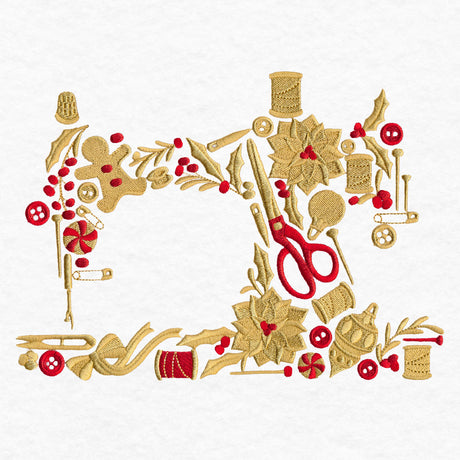 Embroidery of a sewing machine shape decorated with gold and red scissors, spools of thread, buttons, a gingerbread man, holly leaves, flowers, pins, and safety pins on white fabric.