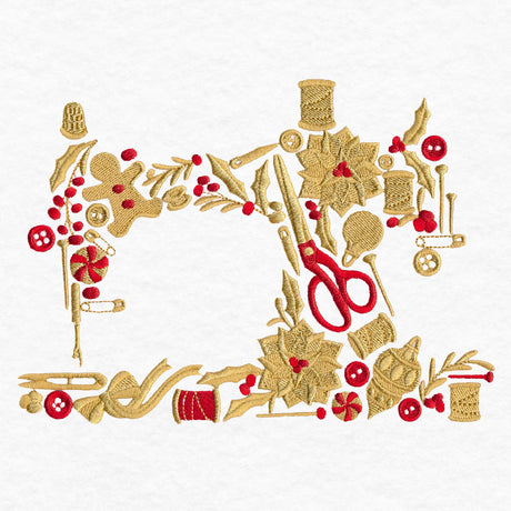Embroidery of a sewing machine shape composed of gold sewing items, red berries, holly leaves, gingerbread, scissors, and festive decorations on white fabric.