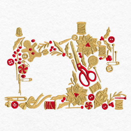 Embroidery design of a wreath made from gold sewing items, red berries, poinsettias, buttons, scissors, gingerbread man, and candy on white fabric.