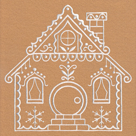 White embroidered design of a gingerbread house with a circular door, two curtained windows, a chimney, decorative patterns, and snowflake motifs on a brown fabric background.