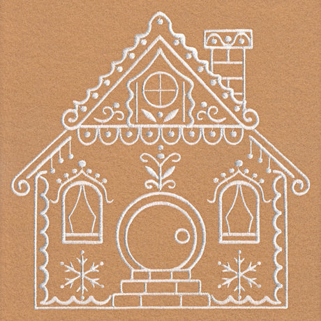 White embroidered outline of a decorative gingerbread house with a round door, two windows with curtains, a small chimney, snowflakes, and ornamental patterns on a brown fabric background.