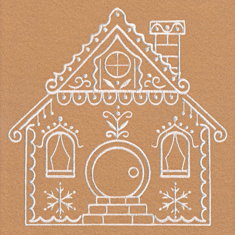 White thread embroidery of a whimsical house with a round door, two arched windows, a scalloped roof, chimney, and decorative floral and snowflake motifs on tan fabric.