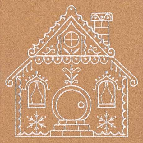 White embroidery of a gingerbread house with a round door, two windows with curtains, a chimney, snowflakes, and decorative swirls on a brown fabric background.