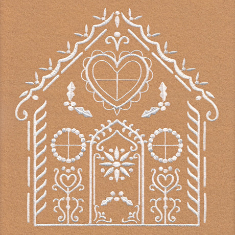 White embroidery of a symmetrical house shape with heart, floral, and geometric patterns on a tan fabric background.