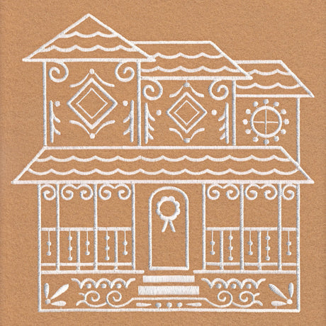 White thread embroidery on brown fabric depicts a stylized house with three peaked roofs, decorative geometric patterns, a front porch with swirled railings, and a door with a circular wreath.