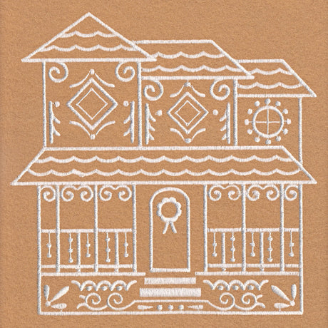 White embroidered outline of a two-story house with a porch, railings, decorative swirls, diamond patterns on the upper walls, and a round wreath on the door on brown fabric.