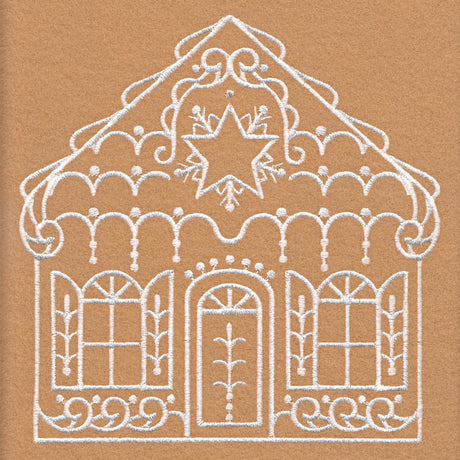 White embroidered outline of a decorative house with two windows, a central door, ornamental swirls, and a star with snowflake detail on the roof, on tan fabric.