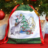 Embroidery design of Pooh Bear and friends arranging ornaments on a Christmas tree, with festive details on fabric.