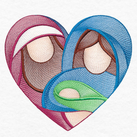 Embroidery design of a heart-shaped family with three faceless figures wrapped in pink, blue, and green cloths on a white fabric background.