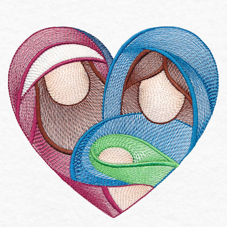 Embroidery design of two faceless figures in blue and pink cloaks holding a baby in a green swaddle, all forming the shape of a heart.
