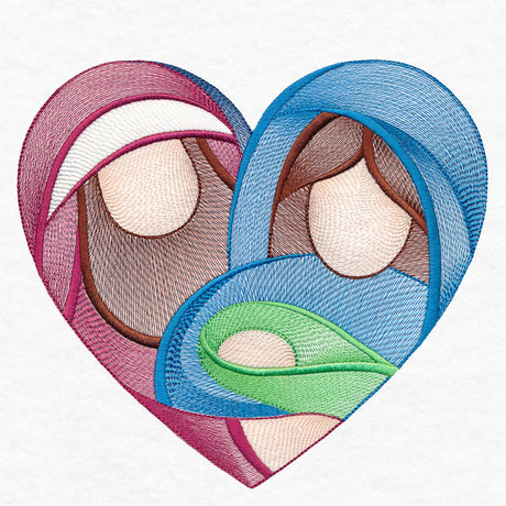 Embroidery of a faceless family heart shape with a person in pink head covering, another in blue holding a baby wrapped in green.