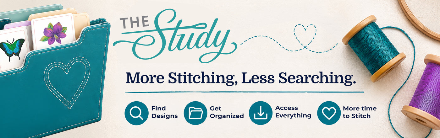 The Study banner with embroidery-themed graphics and text: "More Stitching, Less Searching. Find Designs. Get Organized."