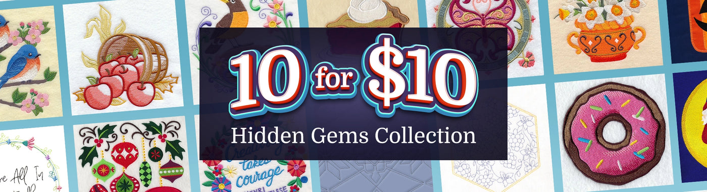 Promotional banner for a '10 for $10 Hidden Gems Collection' featuring a central dark purple text box with white and red lettering, surrounded by a grid of colorful illustrated sticker or patch designs including a bird, cherries, a teapot, and a donut.