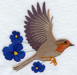 Flying European Robin with Pansies