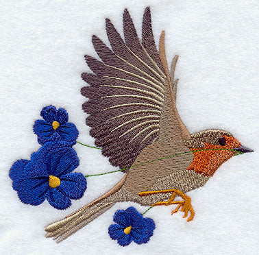 Flying European Robin with Pansies