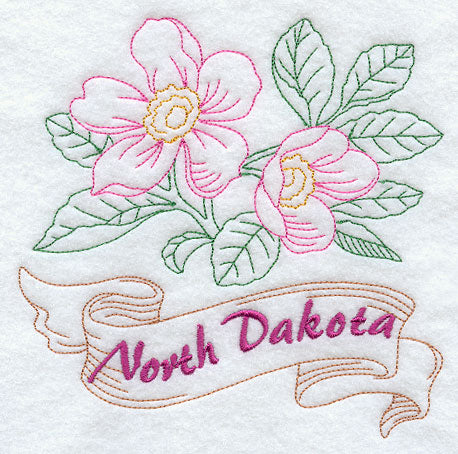 North Dakota - Wild Prairie Rose (Redwork)