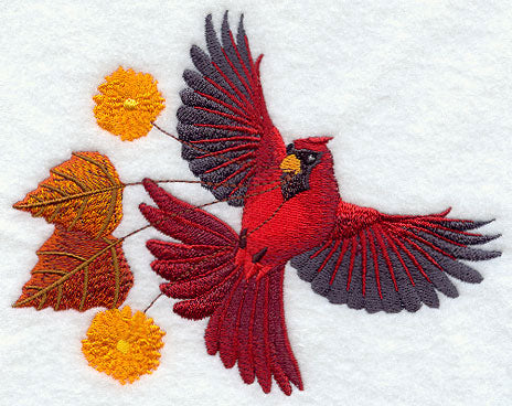 Flying Cardinal with Autumn Leaves and Flowers