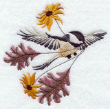 Flying Chickadee with Autumn Leaves and Flowers