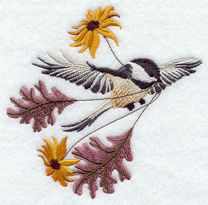 Flying Chickadee with Autumn Leaves and Flowers