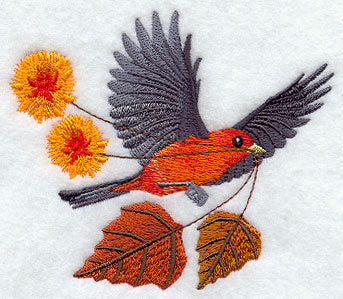 Flying Scarlet Tanager with Autumn Leaves and Flowers