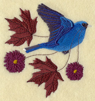Flying Indigo Bunting with Autumn Leaves and Flowers