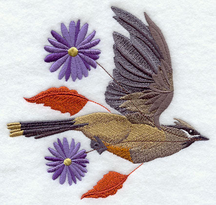 Flying Cedar Waxwing with Autumn Leaves and Flowers