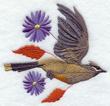 Flying Cedar Waxwing with Autumn Leaves and Flowers