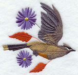 Flying Cedar Waxwing with Autumn Leaves and Flowers
