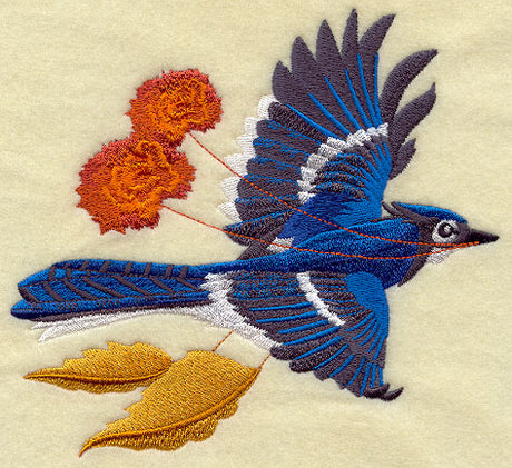 Flying Bluejay with Autumn Leaves and Flowers