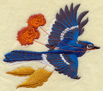 Flying Bluejay with Autumn Leaves and Flowers